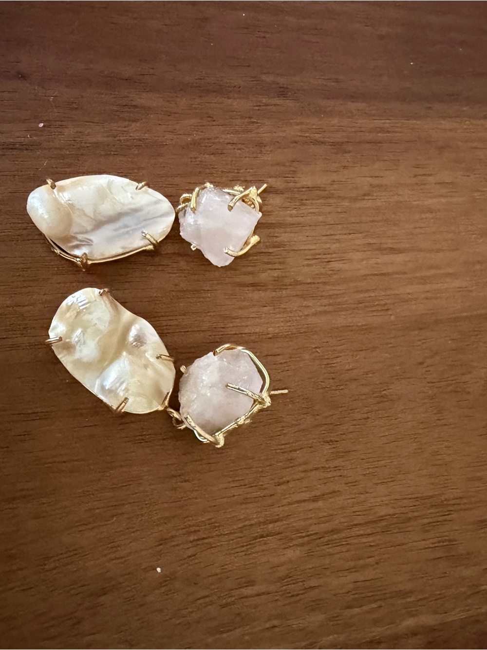 Gold-Trim White Pearl & Rose Quartz Drop Earrings